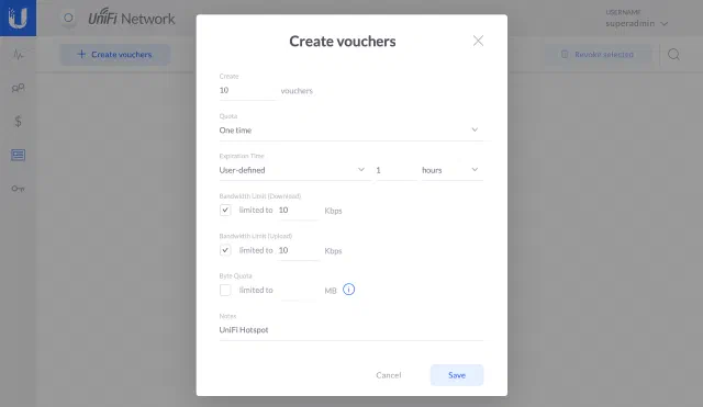 UniFi Hotspot - Hotspot Manager - Create Vouchers