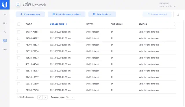UniFi Hotspot - Hotspot Manager - Voucher Lists