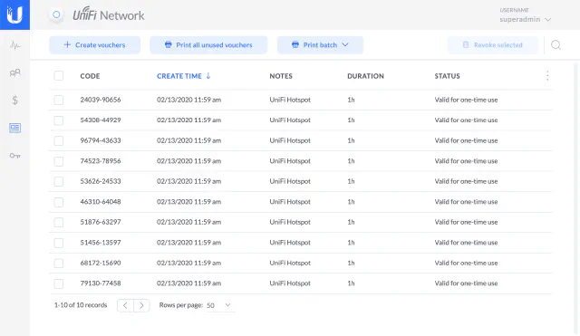 UniFi Hotspot - Hotspot Manager - Voucher Lists