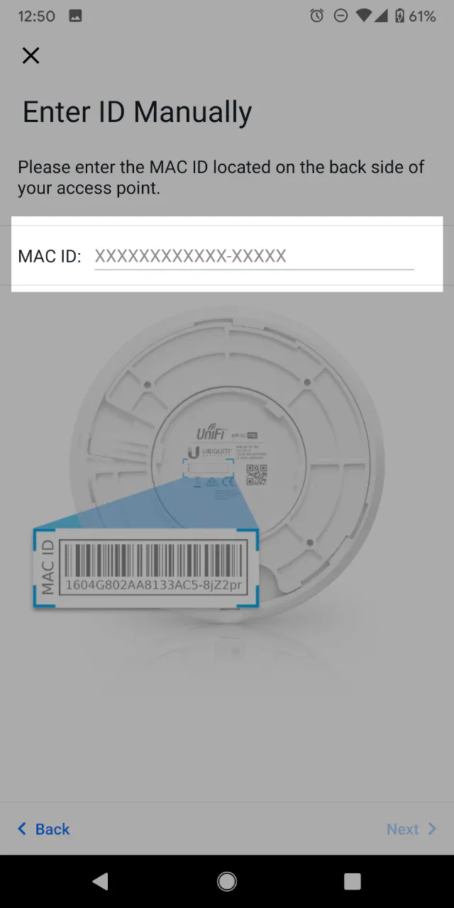 UniFi Mobile App - Enter MAC ID